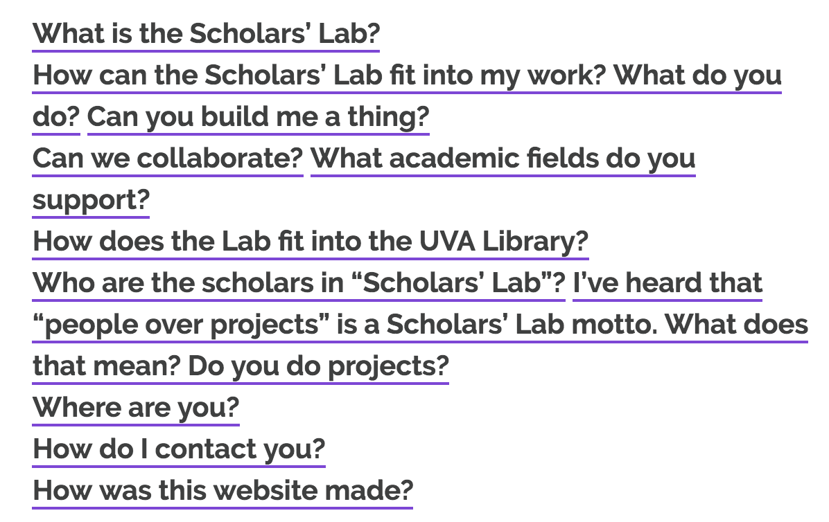 Screenshot of frequently asked Scholars' Lab questions